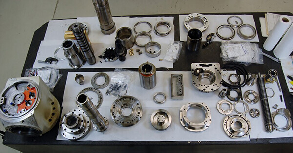 Mazak Integrex spindle repair components laid out for pre-assembly inspection