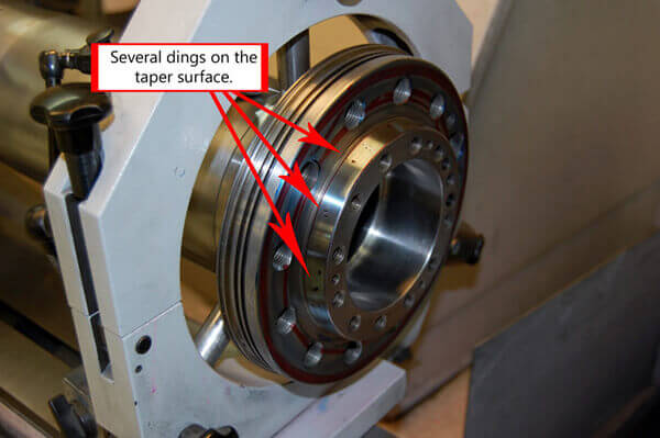 Doosan spindle - small dings on the taper surface are easily evident 