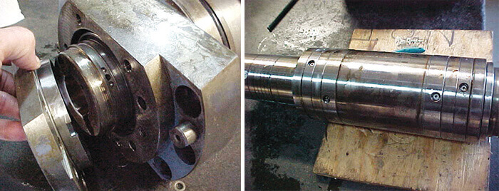 Mazak FJV spindle repair showing front cover removal. Shaft and bearing stack