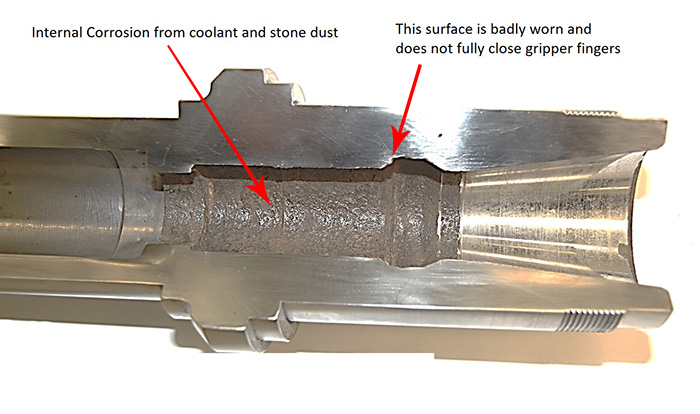 CMS Brembana spindle repair and rebuild_shaft cut away blank
